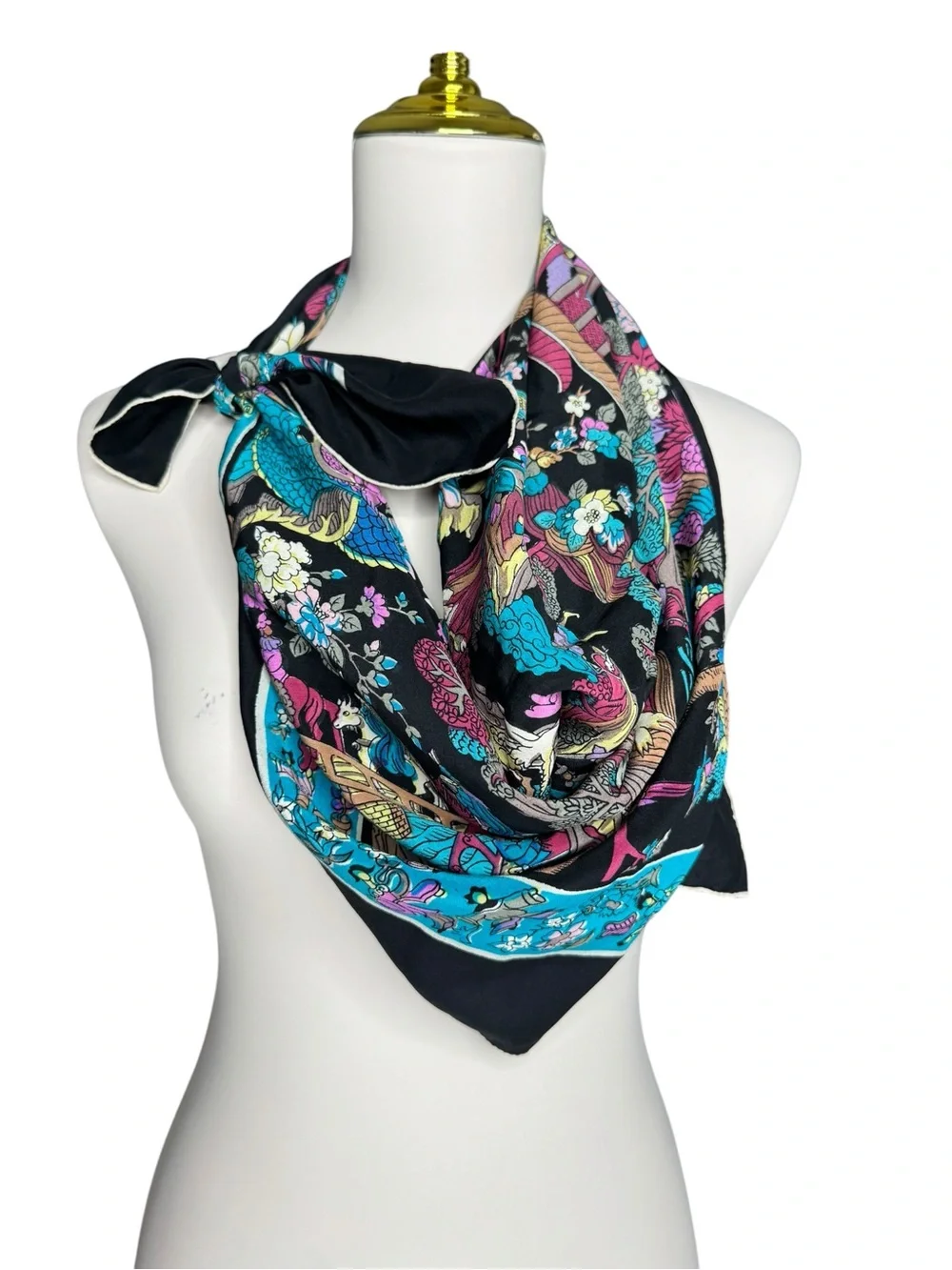 Vintage Hand Rolled Silk Chinoiserie Style Luxury Square Scarf Asian Motif